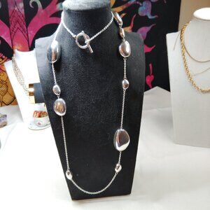 RLL Lauren Ralph Lauren Silver Tone Beaded Necklace 34" Toggle Clasp Signed